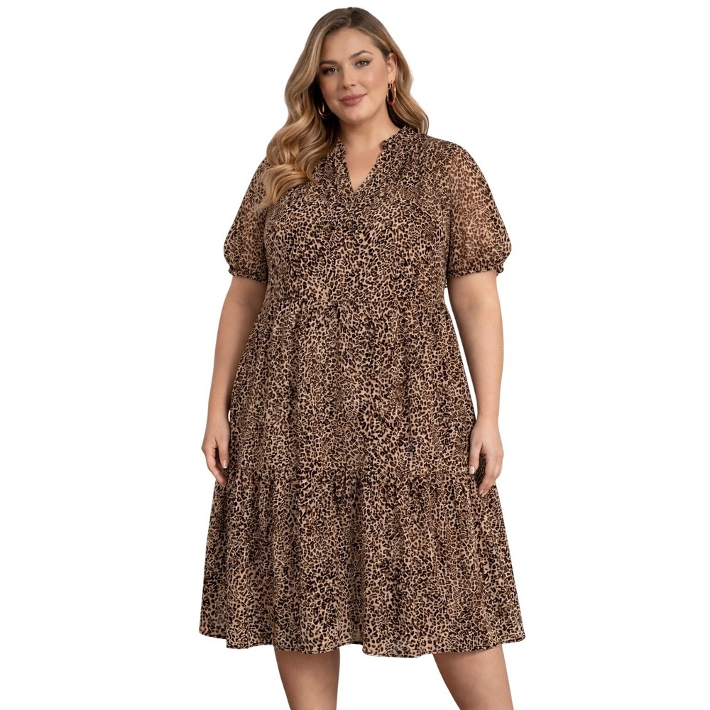 MSK Womens XL Leopard Print‎ Tiered Midi Dress Short Puff Sleeve Brown Animal XL